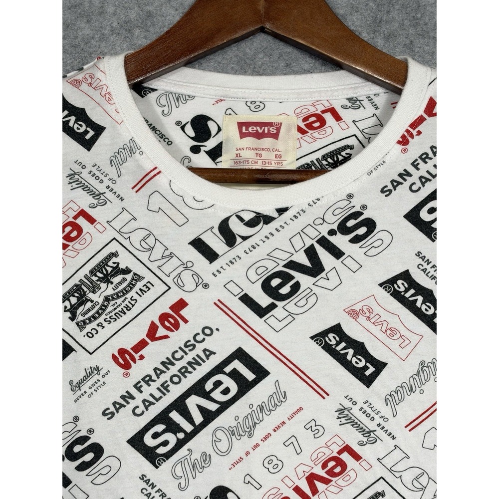 Levis Shirt Men's Small Youth XL White All Over Logo Print Long Sleeve Crew Neck